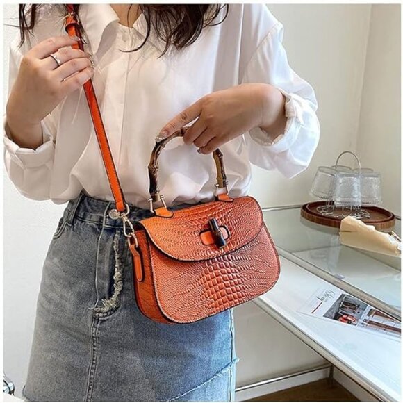 Neiman Marcus Bamboo Handle Crocodile Print Top Handle Bag - Picture 8 of 8